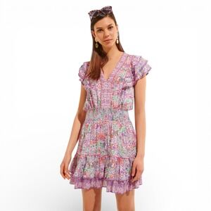 Poupette St Barth Mini Dress Womens 12 Purple Floral Sasha Smocked Ruffle Boho